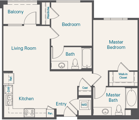 Floor plan for 2 beds, 2 baths, 885 sqft